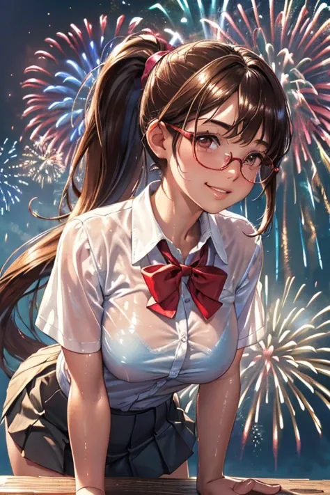 (absurdres, masterpiece, best quality, ultra detailed, detailed background, cinematic lighting, angled from below), (wide sky filled with many colorful glossy fireworks:1.4), (beautiful anime face, long eyelashes, detailed brown eyes), (voluptuous perfect ...