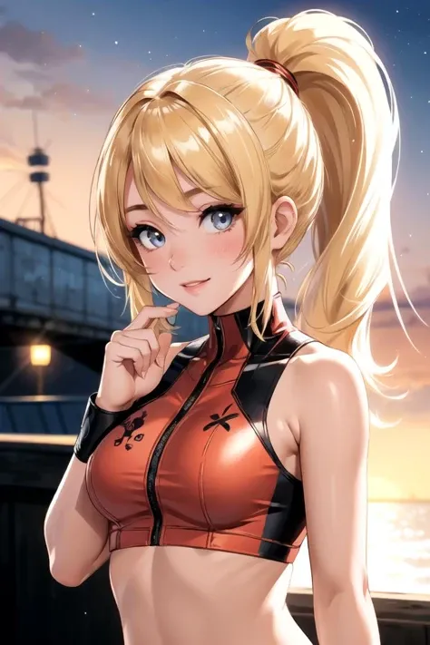 1girl, solo, samus aran, ponytail, orange crop top, sleeveless, midriff, wristband, orange shorts, toned body, cinema light, upper body, sunset, glow white particles, blush, smile,  looking at viewer, fcPortrait fFaceDetail EyeDetail   <lora:muscle_slider_...