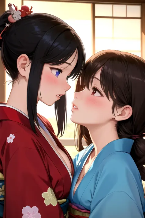 (masterpiece, best quality), 2girls, yuri, couple, japanese clothes, kimono, eye contact, noses touching, sexually suggestive, upper body, cleavage, blush, parted lips,