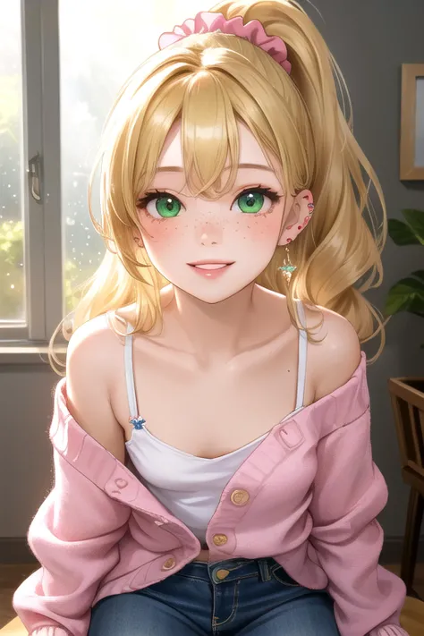 (masterpiece, best quality), 1girl, solo, blonde hair, long wavy hair, high ponytail, asymmetrical bangs, green eyes, small perky breasts, freckles, pale skin, long eyelashes, pink scrunchie, ear piercing, tank top, low neckline, jeans, open cardigan, off ...