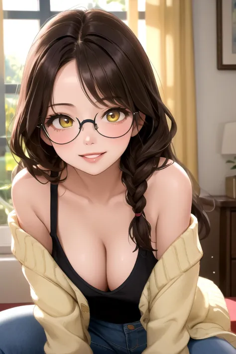 (masterpiece, best quality), 1girl, solo, mature female, brown hair, low-braided long hair, wavy hair, yellow eyes, parted bangs, sidelocks, large sagging breasts, long eyelashes, black-framed round eyewear, tank top, low neckline, jeans, open cardigan, of...