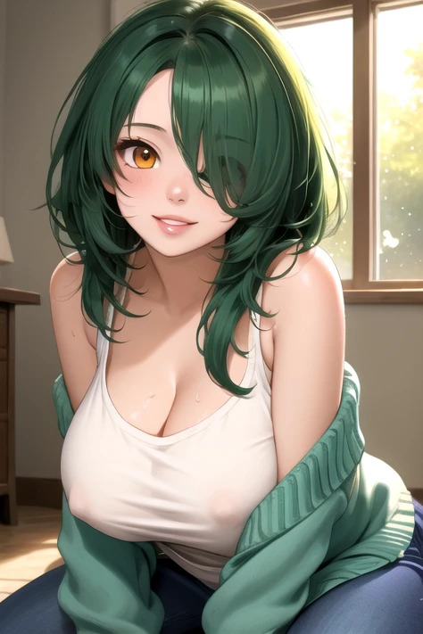 (masterpiece, best quality), 1girl, solo, otaku, dark green hair, medium hair, messy hair, long bangs, hair over one eye, orange eyes, gigantic breasts, plump, thick lips, tank top, low neckline, jeans, open cardigan, off shoulder, indoors, light rays, lig...