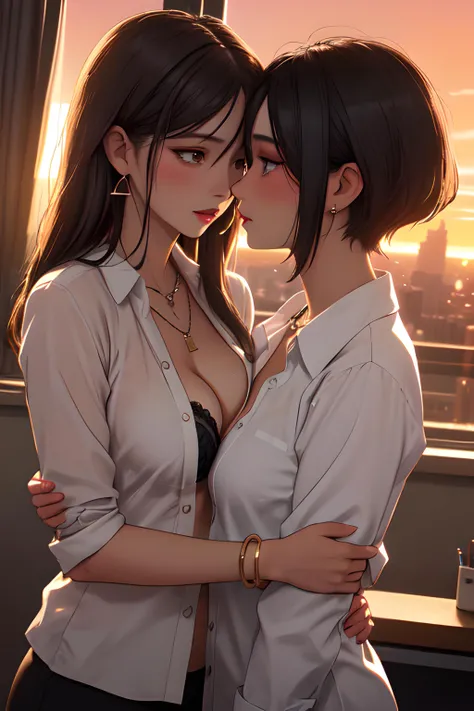 (masterpiece, best quality), 2girls, mature female, yuri, couple, office lady, office, sexually suggestive, eye contact, open clothes, open shirt, bra, alternate breast size, alternate eye color, alternate hairstyle, alternate hair length, alternate hair c...