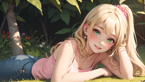 (masterpiece, best quality), 1girl, solo, blonde hair, long wavy hair, high ponytail, asymmetrical bangs, green eyes, small perky breasts, freckles, pale skin, long eyelashes, pink scrunchie, ear piercing, upper body, looking at viewer, light blush, parted...