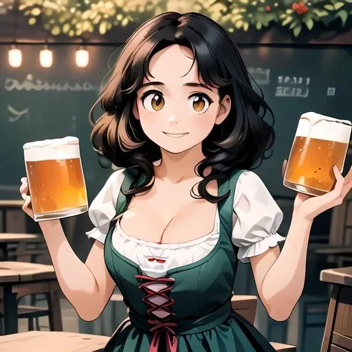 anime girl holding two beer glasses in front of a chalkboard