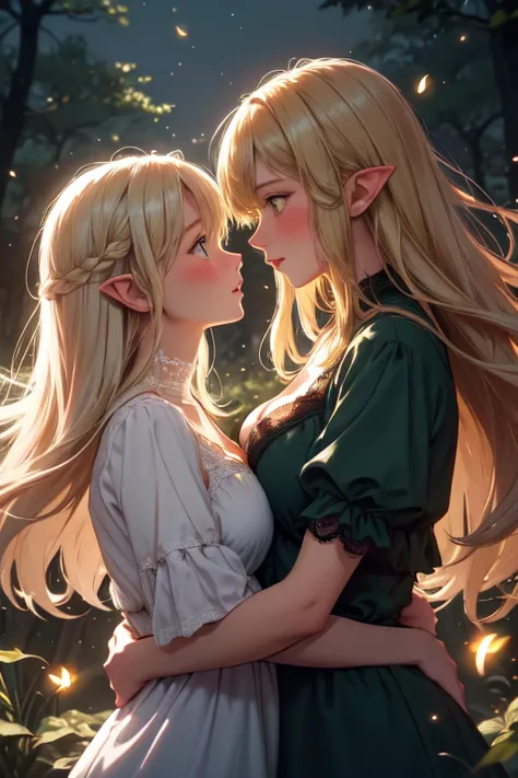 (masterpiece, best quality), 2girls, elf, pointy ears, yuri, forest, night, fireflies, fantasy, dress, hug, upper body, from side, group profile, eye contact, moonlight, wind, floating hair, falling leaves, blonde hair, green eyes, height difference, alter...