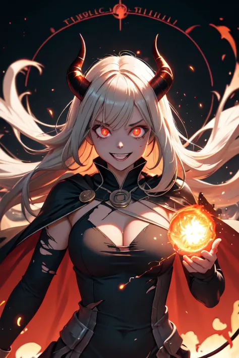 (masterpiece, best quality), fantasy, demon girl, demon horns, solo, upper body, crazy eyes, crazy smile, crazy, magic circle, energy, aura, dark aura, casting spell, fire, fireball, floating, floating hair, explosion, glowing, glowing eyes, taut clothes, ...