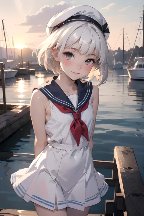 anime girl in sailor outfit standing on dock with boats in background