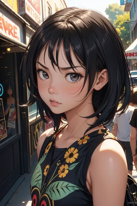 1girl, (stylized by Scott Musgrove:1.0) , surrealism art, dramatic wall Graffiti, crowded street and jungle, Bugcore, bold lettering, POV shot of a Annoyed Unexpected ("The World Next Door":1.3) , centered dark black background, Sunny, shallow depth of fie...