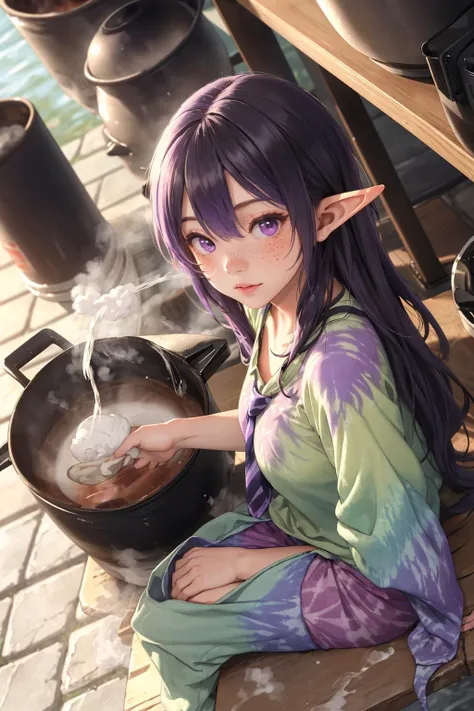 (depth of field:1.4),(High-Angle Tracking Shot:1.4),(blur:1.3),(very detailed:1.4),(high resolution:1.1) BREAK
(Steam swirling around a pot of boiling water:1.2) BREAK
1girl,(Elf:1.1),(Magnificent:1.2),(Sitting on the edge of a table or ledge:1.2),long Pea...