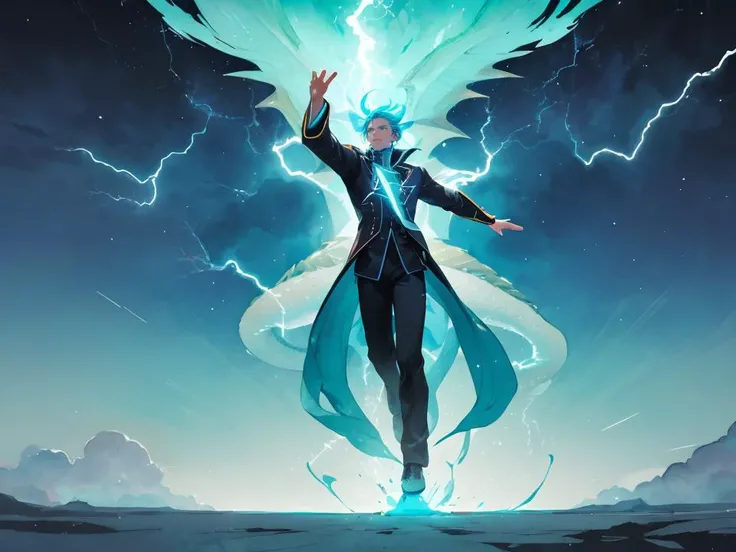 A full body portrait of a levitating powerful man wearing futuristic mage uniform raised arm outstretched hand spraying a whirlwind of cyan and azure light dragons, highly detailed eyes, 2d art cover, official fanart behance hd artstation, masterpiece, smo...