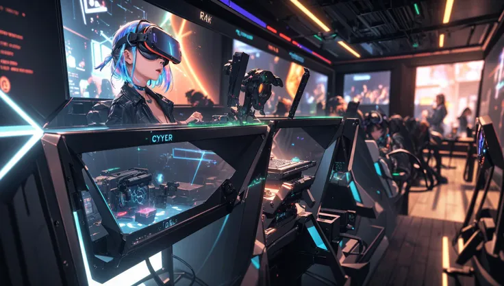 (blur:1.3),(very detailed:1.4),(high resolution:1.1),(Glamor Shot:1.1),(8K:1.2),(breathtaking:1.2),(Ray Tracing Reflections:1.2) BREAK
(A cyber cafe filled with virtual reality machines and holographic avatars:1.3),