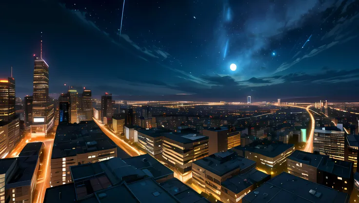 (masterpiece, best quality, absurdres), no humans, panorama, night, night sky, full moon, starry sky, shooting star, city, cityscape, city lights, building, skyscraper,