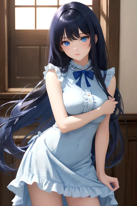 (masterpiece), best quality, highres, ultra-detailed, 1girl, dark blue hair, blue eyes, very long straight hair, asymmetrical bangs, medium breasts, toned, indoors, standing, contrapposto, blue frilled dress, cowboy shot, facing viewer,