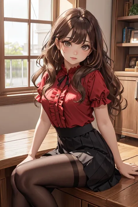 (masterpiece, best quality), (1girl, solo, vlsty, chubby), (grey eyes, long eyelashes), earrings, (light brown hair, wavy hair, asymmetric bangs), (red blouse, frills, short sleeve), (black skirt, high waist skirt, knee length skirt), (black pantyhose), st...