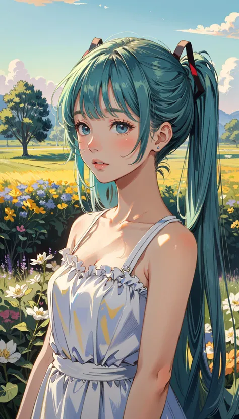 (masterpiece, best quality:1.2), (ultra detailed), blurry background, oil painting, vincent van gogh style, colorful,
<lora:coloured glaze:0.25> coloured glaze, flower field,
hatsune miku, hime cut, sundress, blunt bangs, upper body,