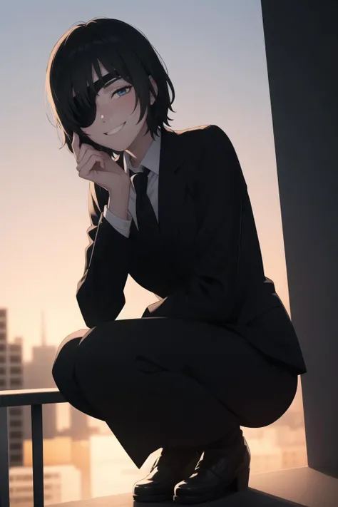 8k, masterpiece, fine shadows, cinematic lighting, ((1girl, solo)), medium hair, black hair, eyepatch, necktie, collared shirt, black jacket, black slacks, blue eyes, high cheekbones, slim face, sunset, orange sky, balcony, squatting, closed eyes, grin, <l...