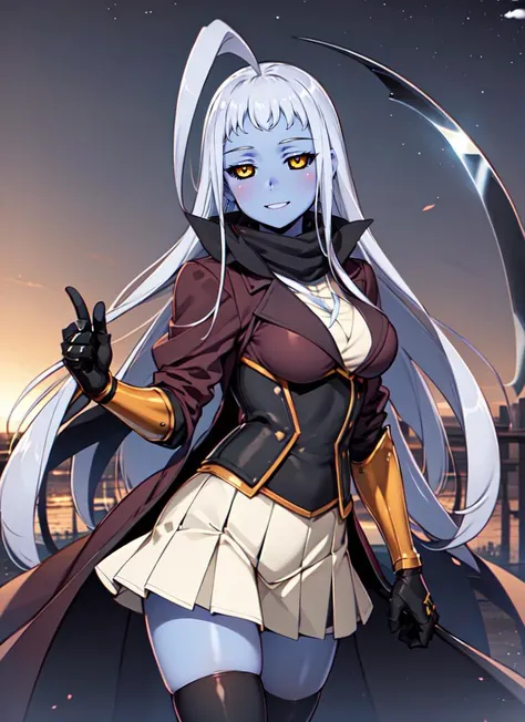 ((best quality)), ((highly detailed)), masterpiece, detailed face, beautiful face, , (1girl), (solo), from beside, upper body, <lora:CHAR-LalaMM:1>, LalaMM, white hair, very long hair, huge ahoge, black sclera, (colored skin, blue skin), medium breasts, sm...