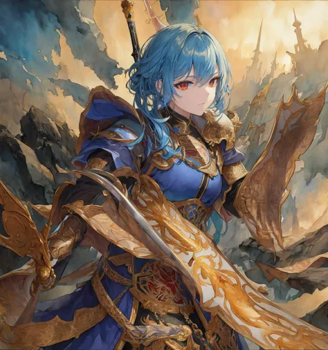 anime girl with blue hair and blue eyes holding a sword