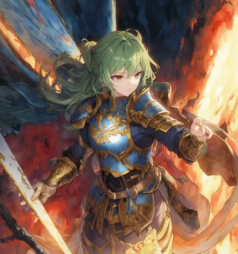 a close up of a woman with a sword and a fire