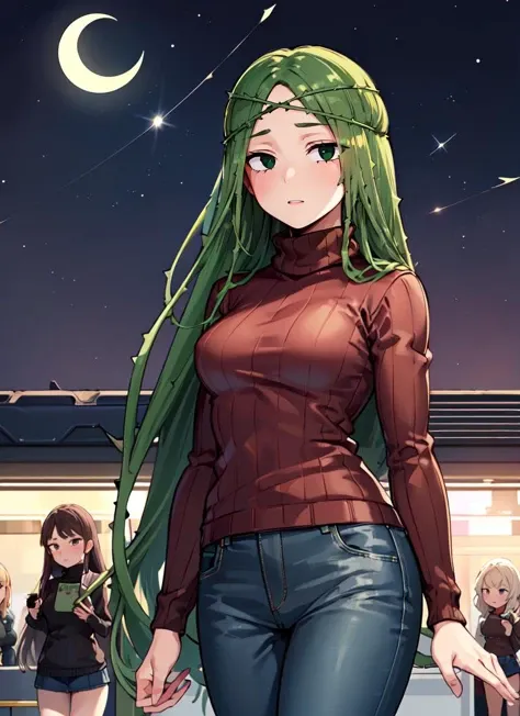 ((best quality)), ((highly detailed)), masterpiece, absurdres, extremely detailed face, beautiful face, (detailed eyes, deep eyes), (1girl), dynamic pose, cowboy shot, (((wide shot))), <lora:Ibara-Moka19:.8>, Ibara, green hair, very long hair, (thorns hair...