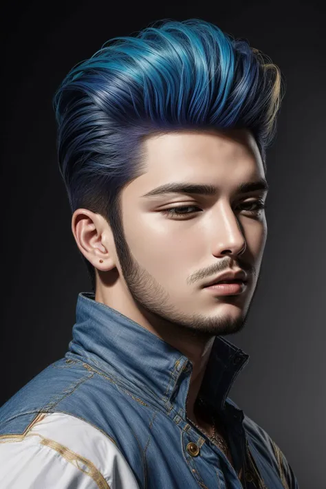 man, (blonde and blue hair pompadour hairstyle ), closed mouth, portrait, hyperrealistic, <lora:boldline:0.2> <lora:add_detail:0...