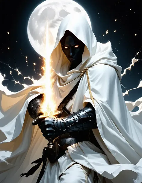 A closeup of fantastical image of a moon knight, clad in flowing, flowing robes, wielding an ornate, ornate blade. Their eyes are filled with power and determination, as they wield the sword in a fluid, dynamic motion. The moons reflection highlights their...