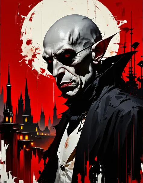 vampire lord nosferatu ral-ertmsphr otclillsn carcosa city, cybersecurity meme, data flows, dynamic movement, bleaked red and black, a Vintage casual goddess inside of circle, looking curious, By Yoji Shinkawa,