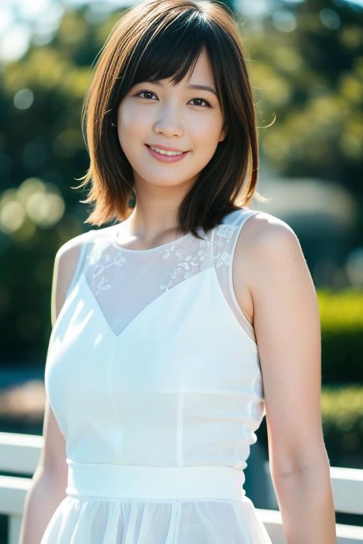 a woman in a white dress posing for a picture