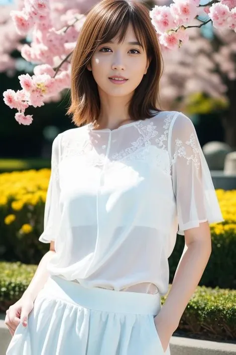 a woman in white shirt and skirt posing for a picture