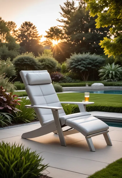 (medium full shot) of (modern adirondack chair) made of leather material, silver color, modern style, ergonomic design, upholste...