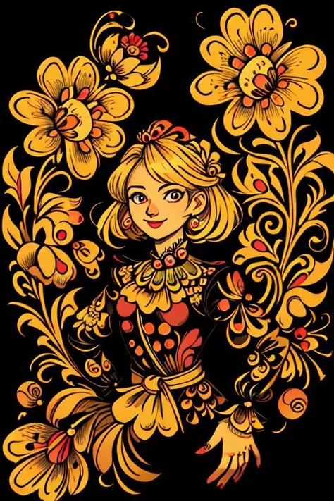 ((best quality)), ((masterpiece)), (detailed), khokhloma style, 1girl, standing, blonde hair, smile, black background, detailed face and eyes, <lora:khokhloma_style:0.8>