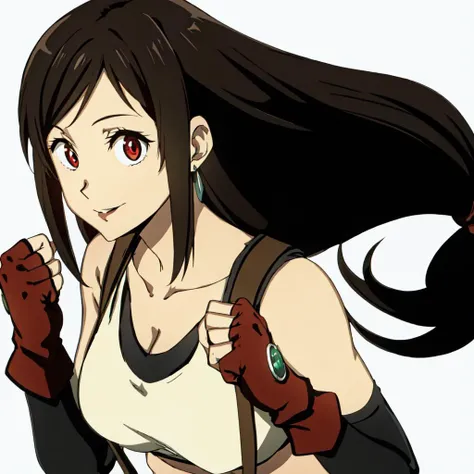 tifa lockhart, final fantasy vii, 1girl, bangs, bare shoulders, belt, black belt, black gloves, black hair, black skirt, breasts, cleavage, clenched hands, closed mouth, collarbone, cowboy shot, crop top, earrings, elbow gloves, fingerless gloves, floating...