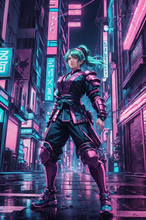 a woman in a futuristic city with neon lights and neon signs