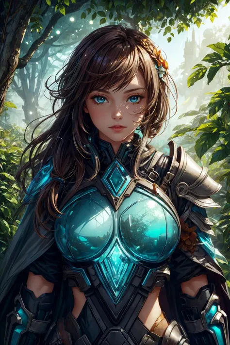 a woman in armor standing in the woods with a sword