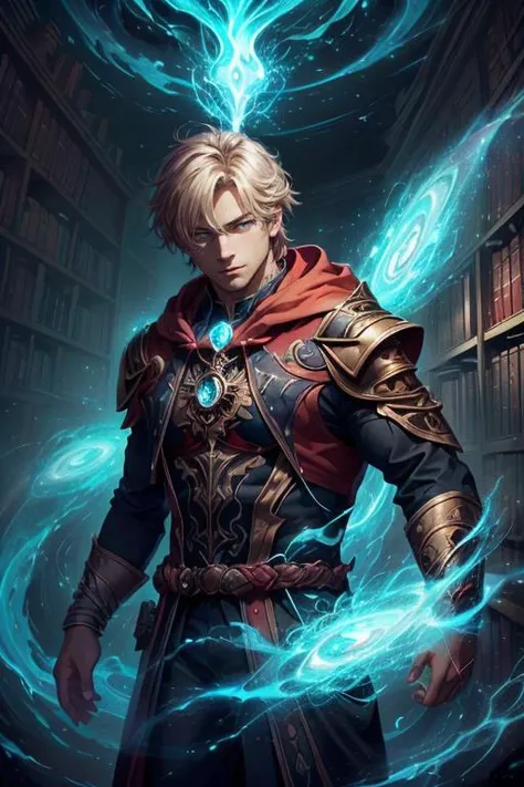 a man in a library with a blue light coming out of his head