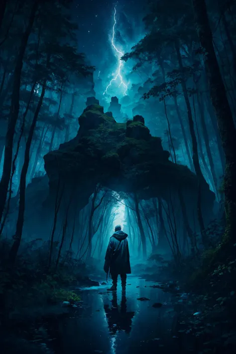 a man standing in the middle of a forest with a lightning bolt coming out of the sky