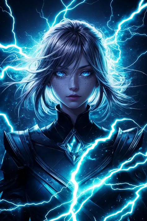 a woman in a black suit with lightning coming out of her face