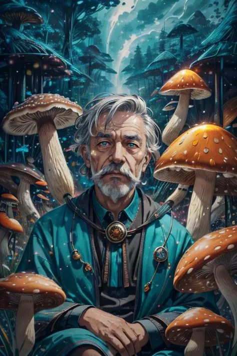 a painting of a man sitting in front of mushrooms