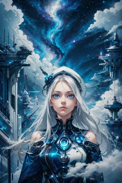 a woman with long white hair and blue eyes stands in front of a city