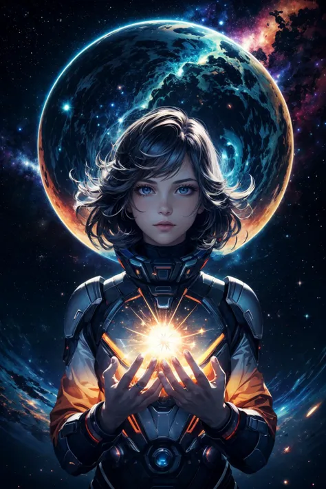 a woman in a space suit holding a star in her hands