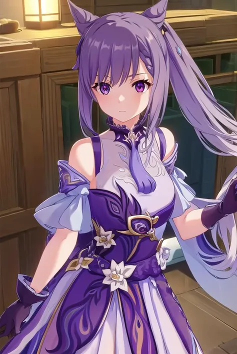 keqing, <lora:genshin keqing ingame-lora-nochekaiser:1>,
keqing, long hair, bangs, hair ornament, twintails, (purple eyes:1.1), purple hair, braid, hair bun, double bun, cone hair bun,
BREAK gloves, dress, bare shoulders, detached sleeves, choker, purple d...