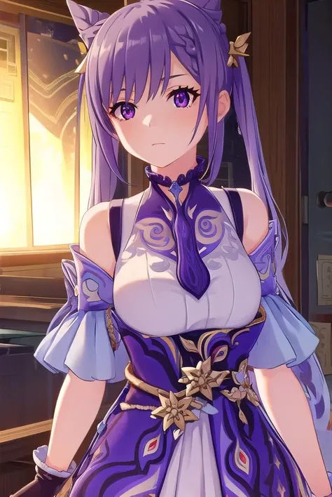 keqing, <lora:genshin keqing ingame-lora-nochekaiser:1>,
keqing, long hair, bangs, hair ornament, twintails, (purple eyes:1.1), purple hair, braid, hair bun, double bun, cone hair bun,
BREAK gloves, dress, bare shoulders, detached sleeves, choker, purple d...