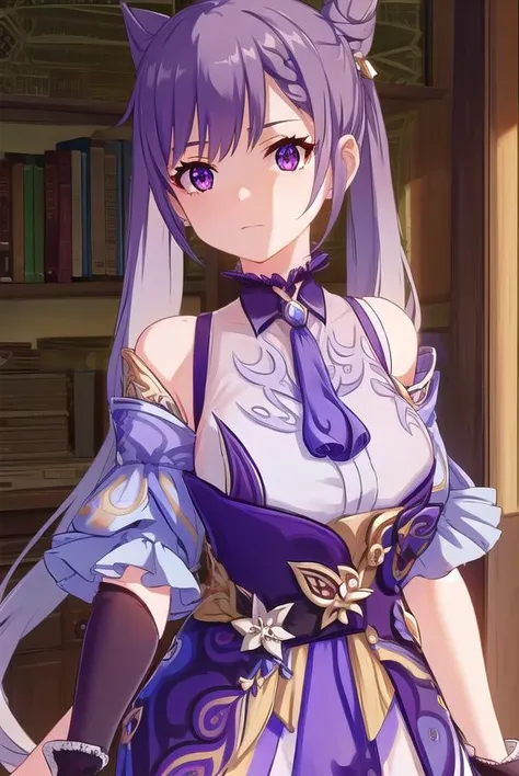 keqing, <lora:genshin keqing ingame-lora-nochekaiser:1>,
keqing, long hair, bangs, hair ornament, twintails, (purple eyes:1.1), purple hair, braid, hair bun, double bun, cone hair bun,
BREAK gloves, dress, bare shoulders, detached sleeves, choker, purple d...