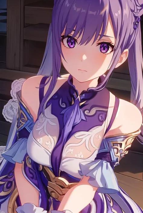 keqing, <lora:genshin keqing ingame-lora-nochekaiser:1>,
keqing, long hair, bangs, hair ornament, twintails, (purple eyes:1.1), purple hair, braid, hair bun, double bun, cone hair bun,
BREAK gloves, dress, bare shoulders, detached sleeves, choker, purple d...