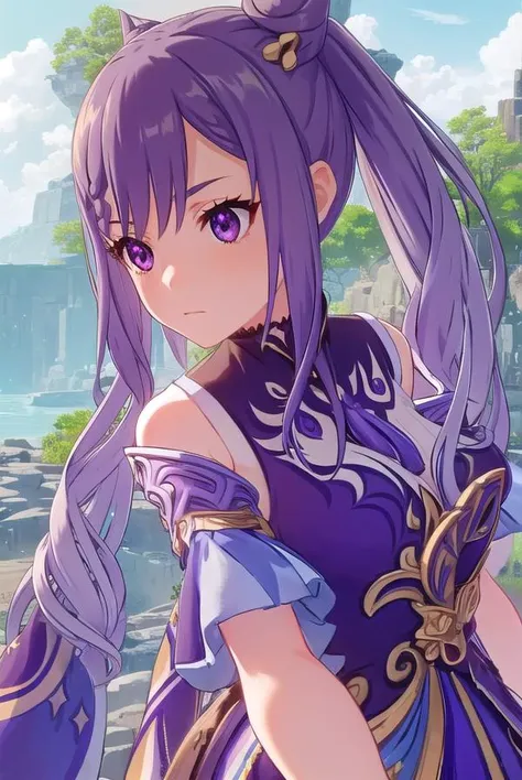 keqing, <lora:genshin keqing ingame-lora-nochekaiser:1>,
keqing, long hair, bangs, hair ornament, twintails, (purple eyes:1.1), purple hair, braid, hair bun, double bun, cone hair bun,
BREAK gloves, dress, bare shoulders, detached sleeves, choker, purple d...