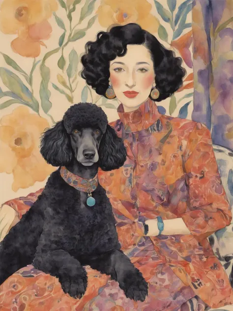 Magazine cover, portrait, fashionably dressed standard black poodle, colored pencil watercolor sketch, , irma stern, lin fengmian, , laurel burch, , , matisse, miro, klee, hundertwasser, lin fengmian, <lora:Vintage_vibes:1>