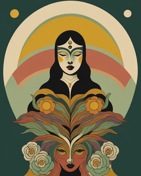 a woman with a yin sign on her face and a tree with flowers around her head and a rainbow in the background, Amanda Sage, symmetrical balance,  <lora:Vintage_vibes_SD15:0.75> , vintage_vibes