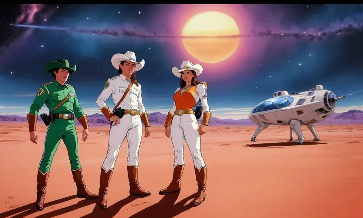 wsma1985, cartoon, vibrant colors, best quality, masterpiece, group of people, cowboys, sci-fi western, cowboy hat, desert, spaceship in background sheriff, cyborg, robotic arms, sunset, white costume, galaxy rangers