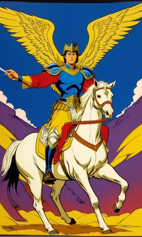 wsma1985, cartoon, vibrant colors, best quality, masterpiece, flat color, warrior princes riding winged horse, sword, epic fantasy, armor, valkyrie,